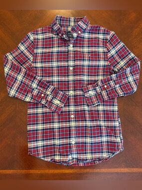 Vineyard Vines Boys Red, Navy Blue & White Plaid Button-Down Flannel Shirt Small